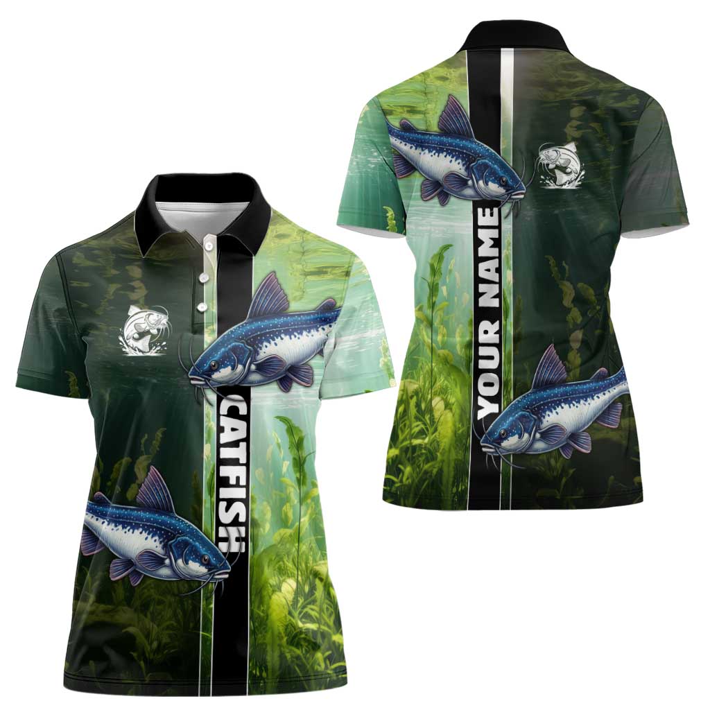 Custom Catfish Fishing Women Polo Shirt with Underwater River Scene and Green Aquatic Pattern - Wonder Print Shop