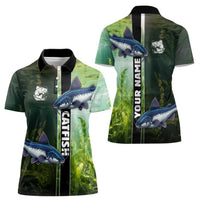 Custom Catfish Fishing Women Polo Shirt with Underwater River Scene and Green Aquatic Pattern - Wonder Print Shop