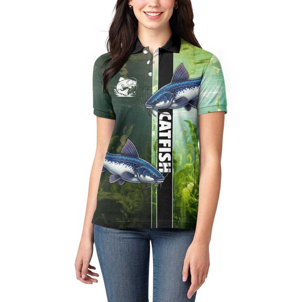 Custom Catfish Fishing Women Polo Shirt with Underwater River Scene and Green Aquatic Pattern - Wonder Print Shop