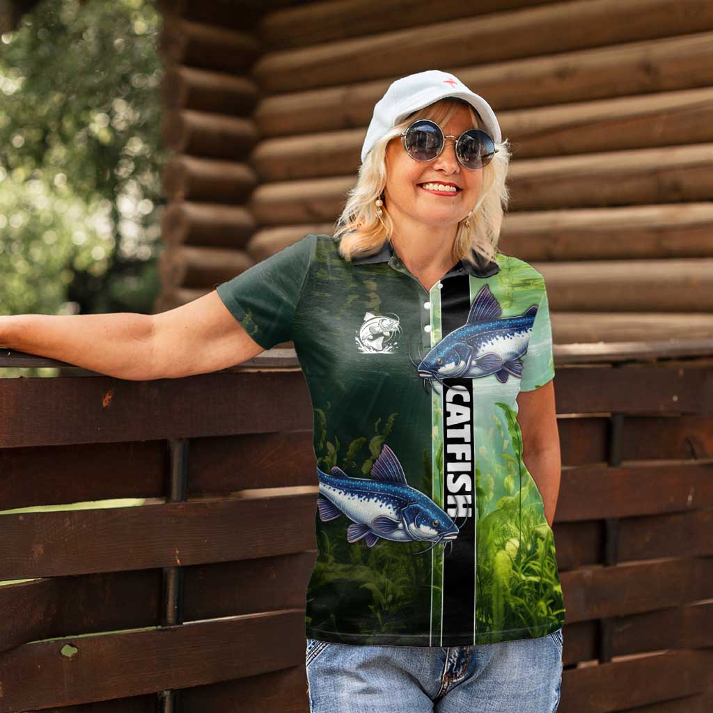 Custom Catfish Fishing Women Polo Shirt with Underwater River Scene and Green Aquatic Pattern - Wonder Print Shop