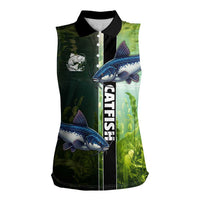 Custom Catfish Fishing Women Sleeveless Polo Shirt with Underwater River Scene and Green Aquatic Pattern - Wonder Print Shop