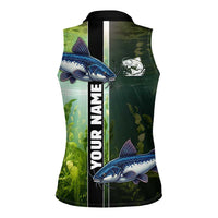 Custom Catfish Fishing Women Sleeveless Polo Shirt with Underwater River Scene and Green Aquatic Pattern - Wonder Print Shop