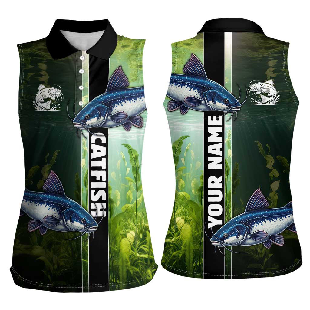 Custom Catfish Fishing Women Sleeveless Polo Shirt with Underwater River Scene and Green Aquatic Pattern - Wonder Print Shop