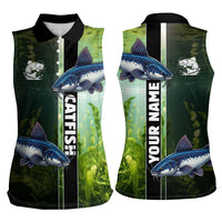Custom Catfish Fishing Women Sleeveless Polo Shirt with Underwater River Scene and Green Aquatic Pattern - Wonder Print Shop
