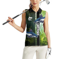 Custom Catfish Fishing Women Sleeveless Polo Shirt with Underwater River Scene and Green Aquatic Pattern - Wonder Print Shop