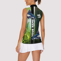 Custom Catfish Fishing Women Sleeveless Polo Shirt with Underwater River Scene and Green Aquatic Pattern - Wonder Print Shop