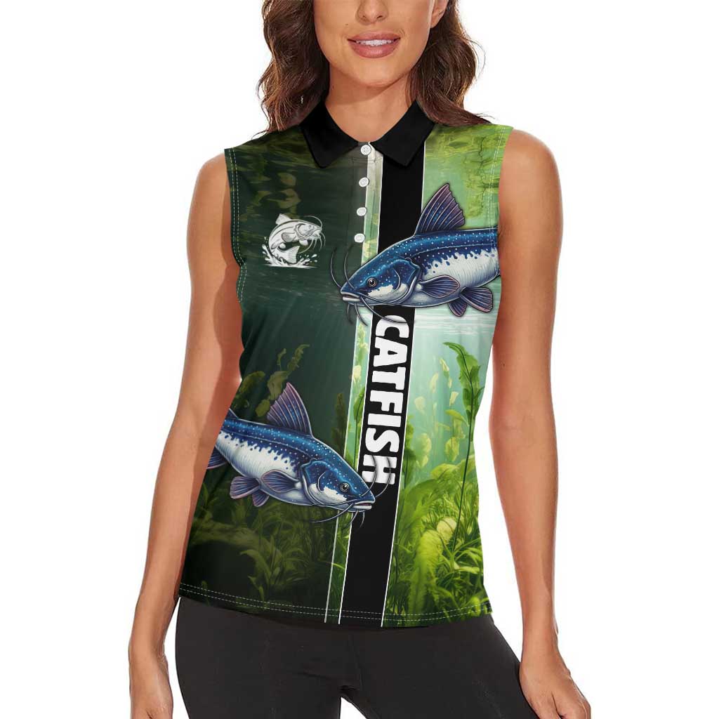 Custom Catfish Fishing Women Sleeveless Polo Shirt with Underwater River Scene and Green Aquatic Pattern - Wonder Print Shop