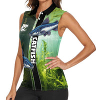 Custom Catfish Fishing Women Sleeveless Polo Shirt with Underwater River Scene and Green Aquatic Pattern - Wonder Print Shop