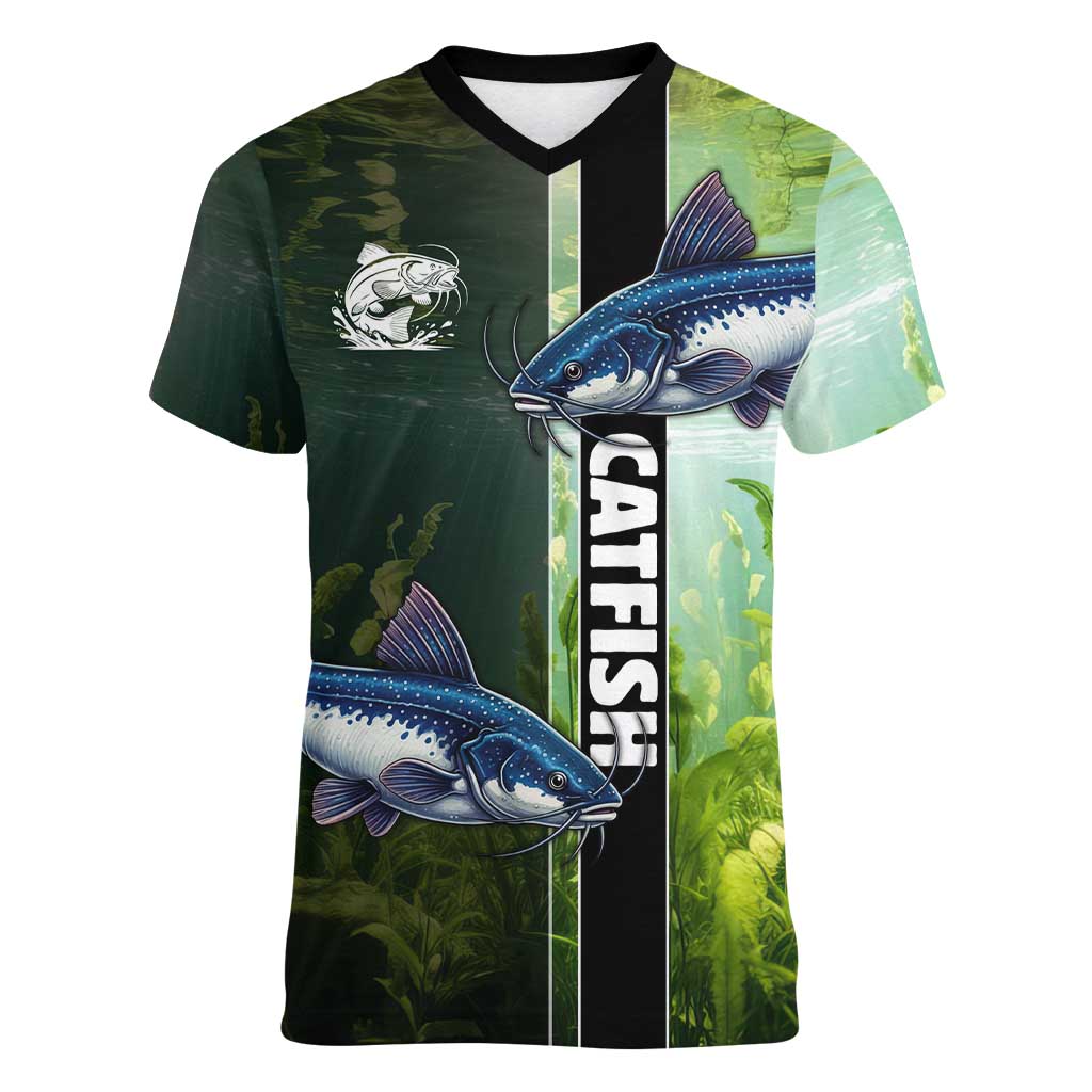 Custom Catfish Fishing Women V-Neck T-Shirt with Underwater River Scene and Green Aquatic Pattern - Wonder Print Shop