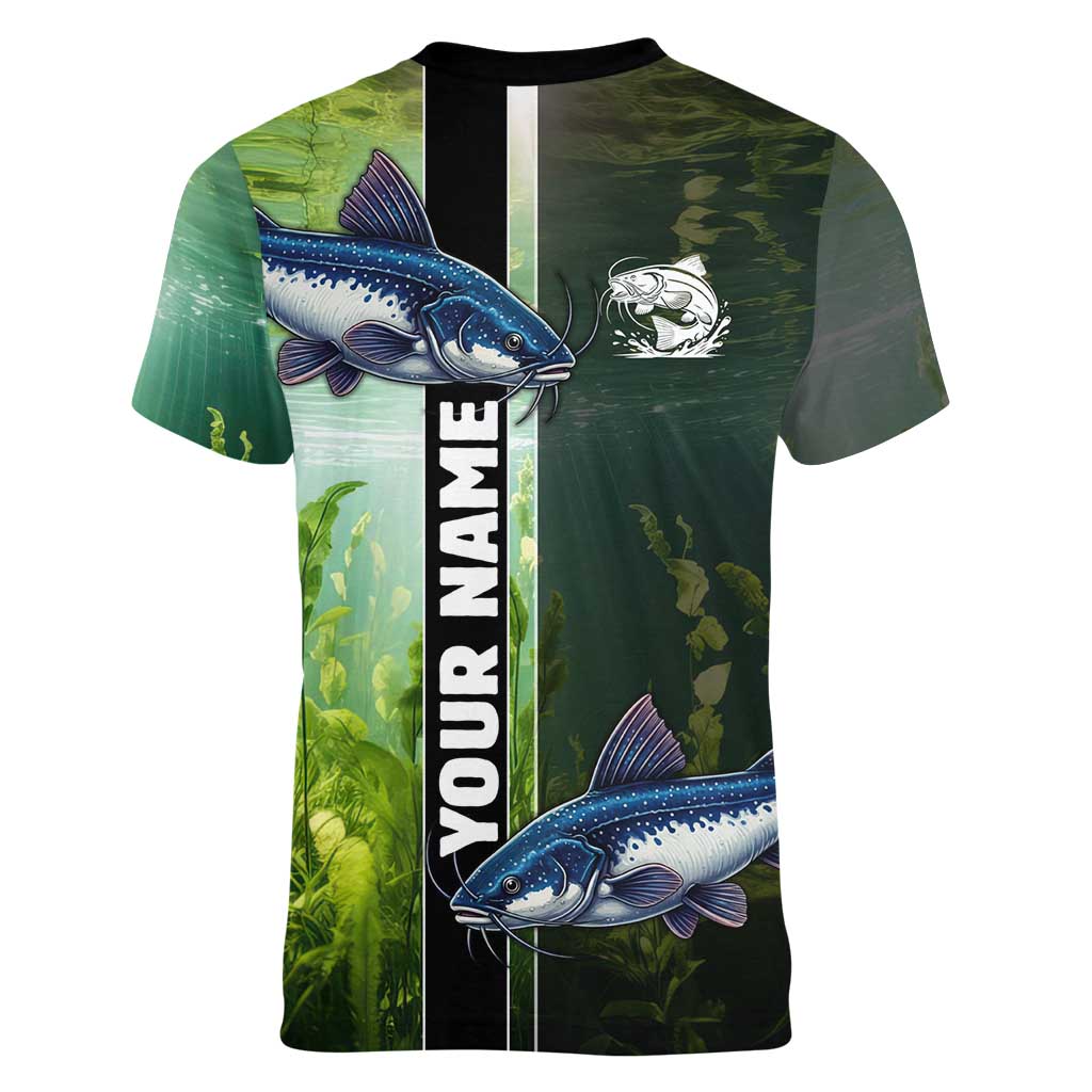 Custom Catfish Fishing Women V-Neck T-Shirt with Underwater River Scene and Green Aquatic Pattern - Wonder Print Shop