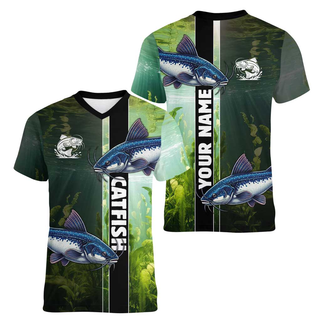 Custom Catfish Fishing Women V-Neck T-Shirt with Underwater River Scene and Green Aquatic Pattern - Wonder Print Shop