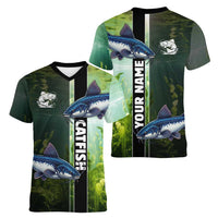 Custom Catfish Fishing Women V-Neck T-Shirt with Underwater River Scene and Green Aquatic Pattern - Wonder Print Shop