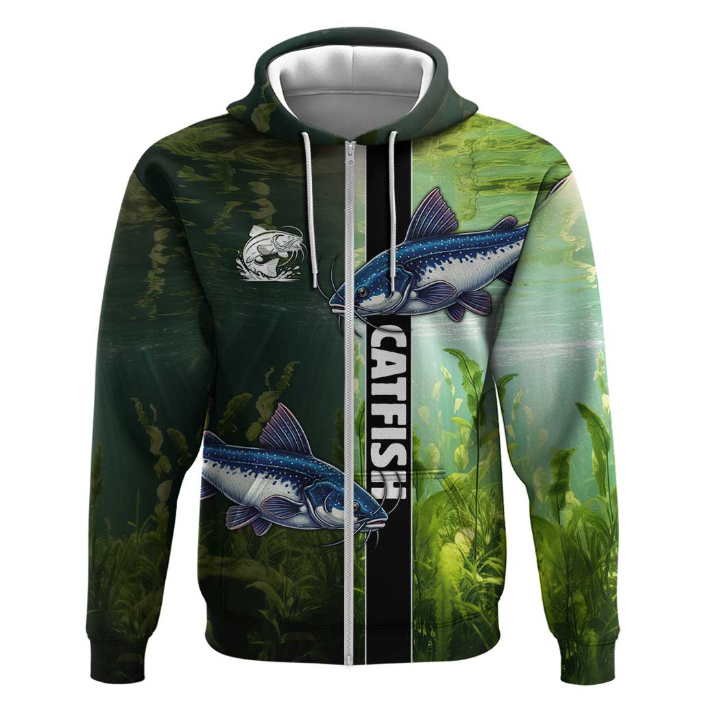 Custom Catfish Fishing Zip Hoodie with Underwater River Scene and Green Aquatic Pattern - Wonder Print Shop