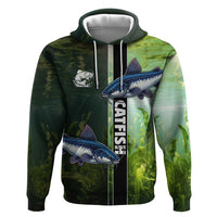 Custom Catfish Fishing Zip Hoodie with Underwater River Scene and Green Aquatic Pattern - Wonder Print Shop
