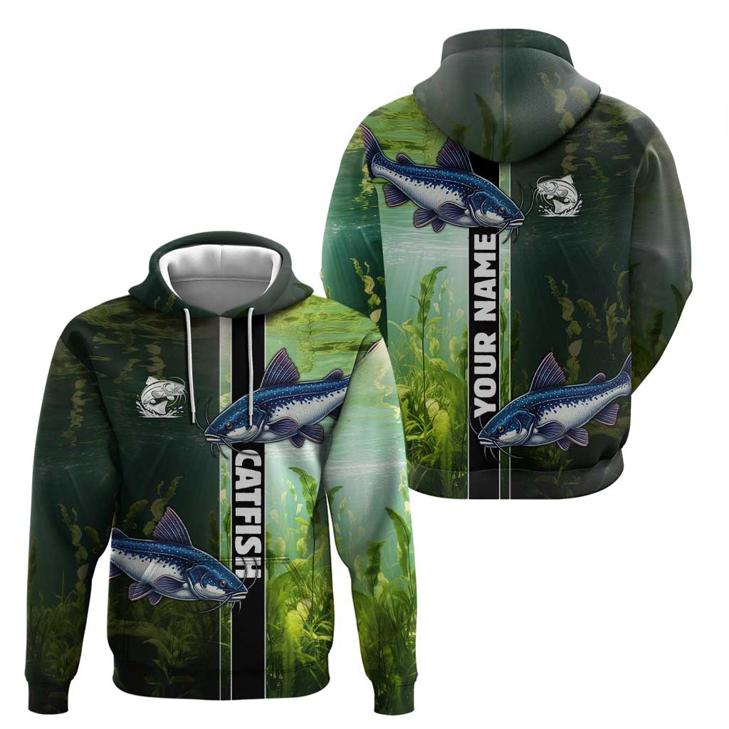 Custom Catfish Fishing Zip Hoodie with Underwater River Scene and Green Aquatic Pattern - Wonder Print Shop