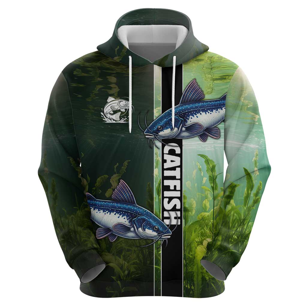 Custom Catfish Fishing Zip Hoodie with Underwater River Scene and Green Aquatic Pattern - Wonder Print Shop