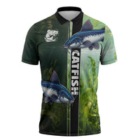 Custom Catfish Fishing Zipper Polo Shirt with Underwater River Scene and Green Aquatic Pattern - Wonder Print Shop