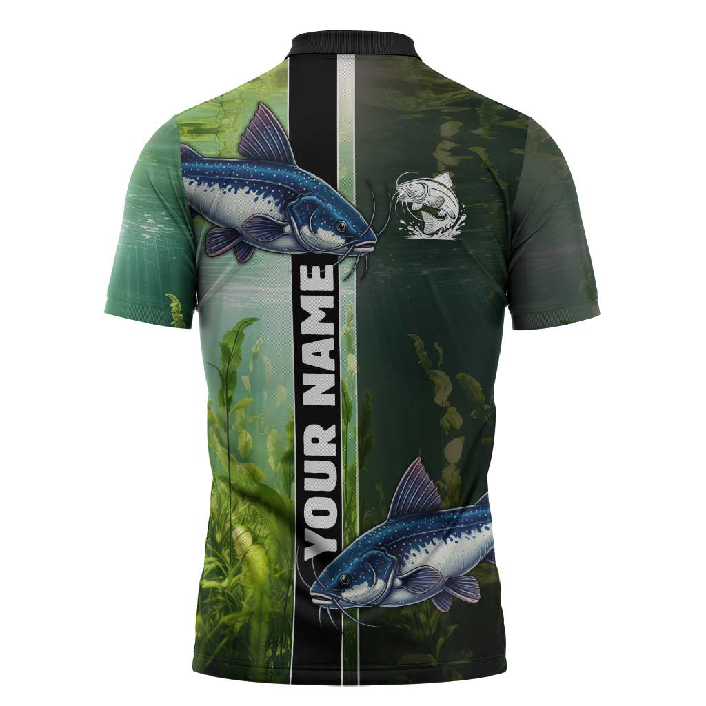 Custom Catfish Fishing Zipper Polo Shirt with Underwater River Scene and Green Aquatic Pattern - Wonder Print Shop