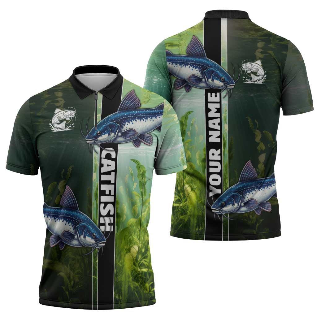 Custom Catfish Fishing Zipper Polo Shirt with Underwater River Scene and Green Aquatic Pattern - Wonder Print Shop