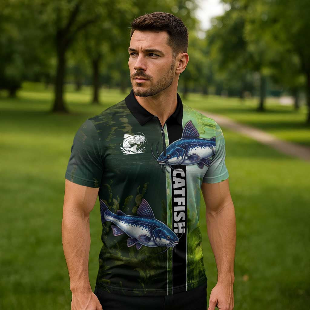 Custom Catfish Fishing Zipper Polo Shirt with Underwater River Scene and Green Aquatic Pattern - Wonder Print Shop