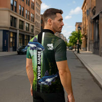 Custom Catfish Fishing Zipper Polo Shirt with Underwater River Scene and Green Aquatic Pattern - Wonder Print Shop