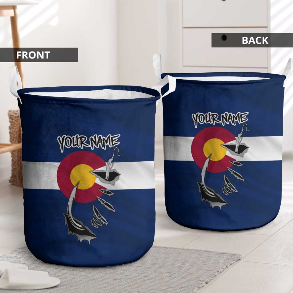 Custom Fishing Hook Laundry Basket with Colorado Flag Theme and Blue White Graphic Pattern - Wonder Print Shop