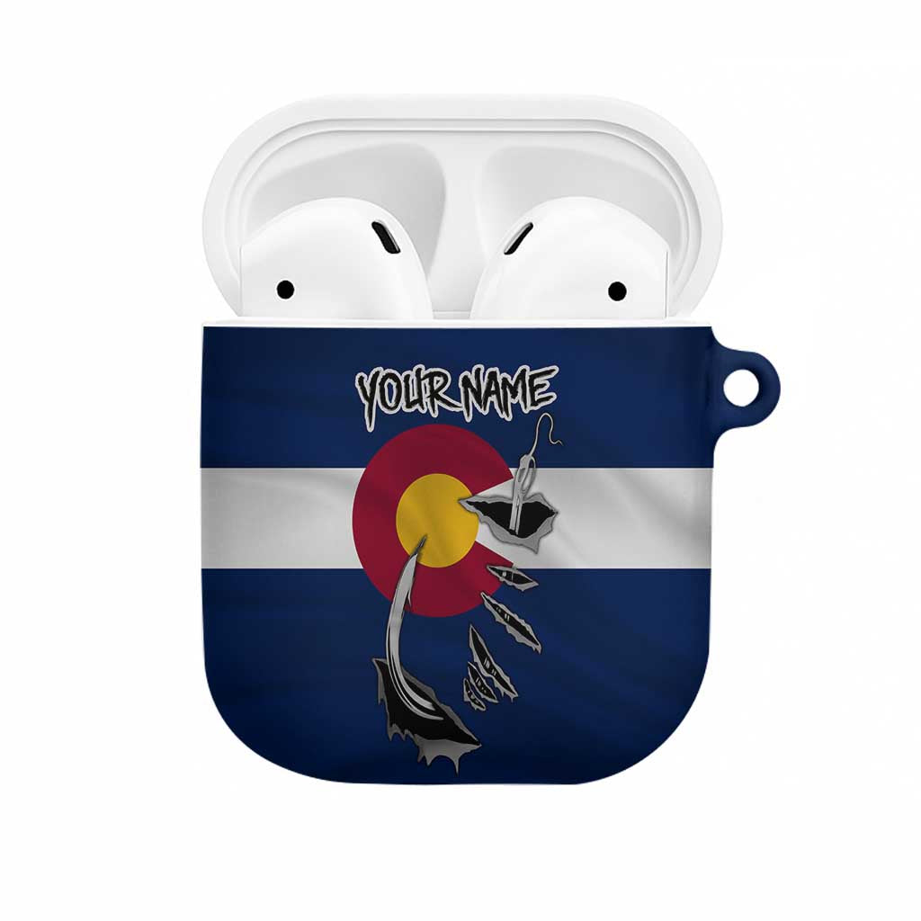 Custom Fishing Hook AirPods Case with Colorado Flag Theme and Blue White Graphic Pattern - Wonder Print Shop