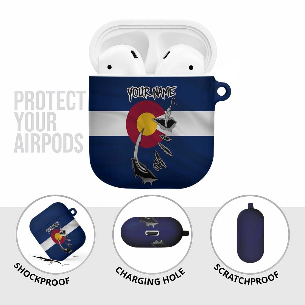 Custom Fishing Hook AirPods Case with Colorado Flag Theme and Blue White Graphic Pattern - Wonder Print Shop