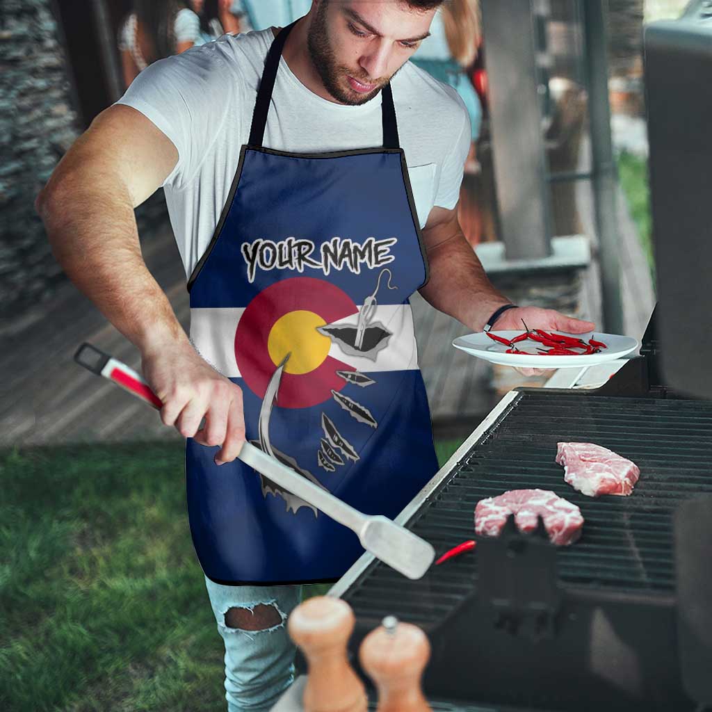 Custom Fishing Hook Apron with Colorado Flag Theme and Blue White Graphic Pattern - Wonder Print Shop