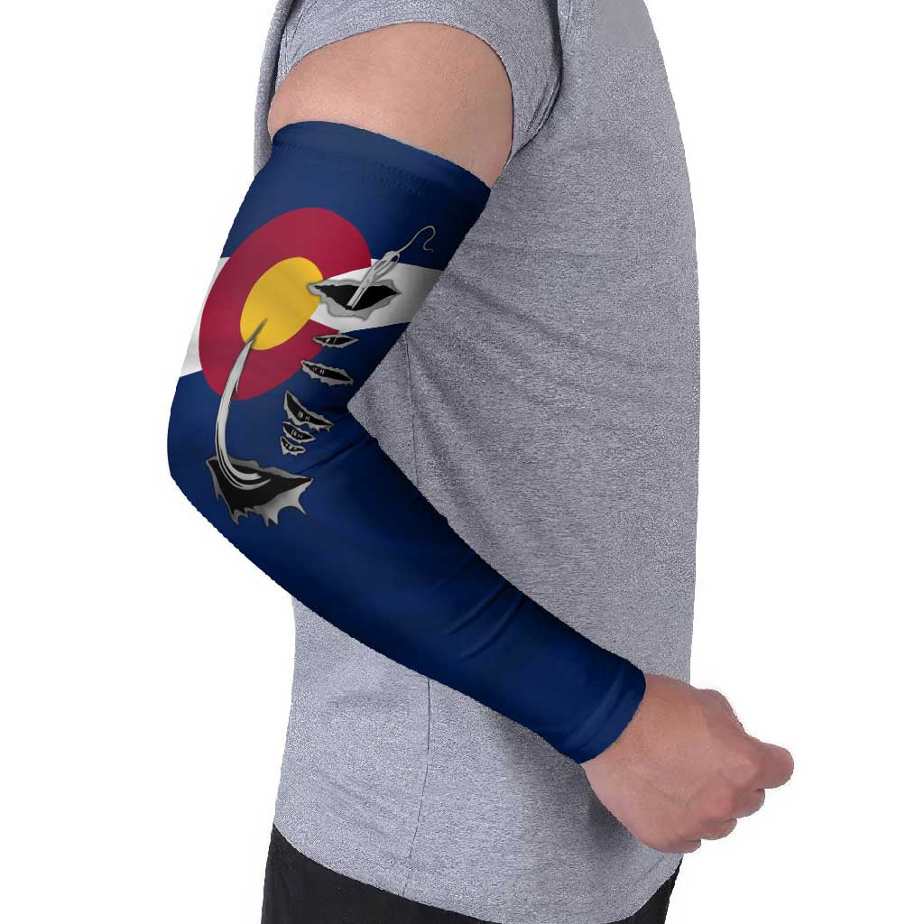 Custom Fishing Hook Arm Sleeves with Colorado Flag Theme and Blue White Graphic Pattern - Wonder Print Shop