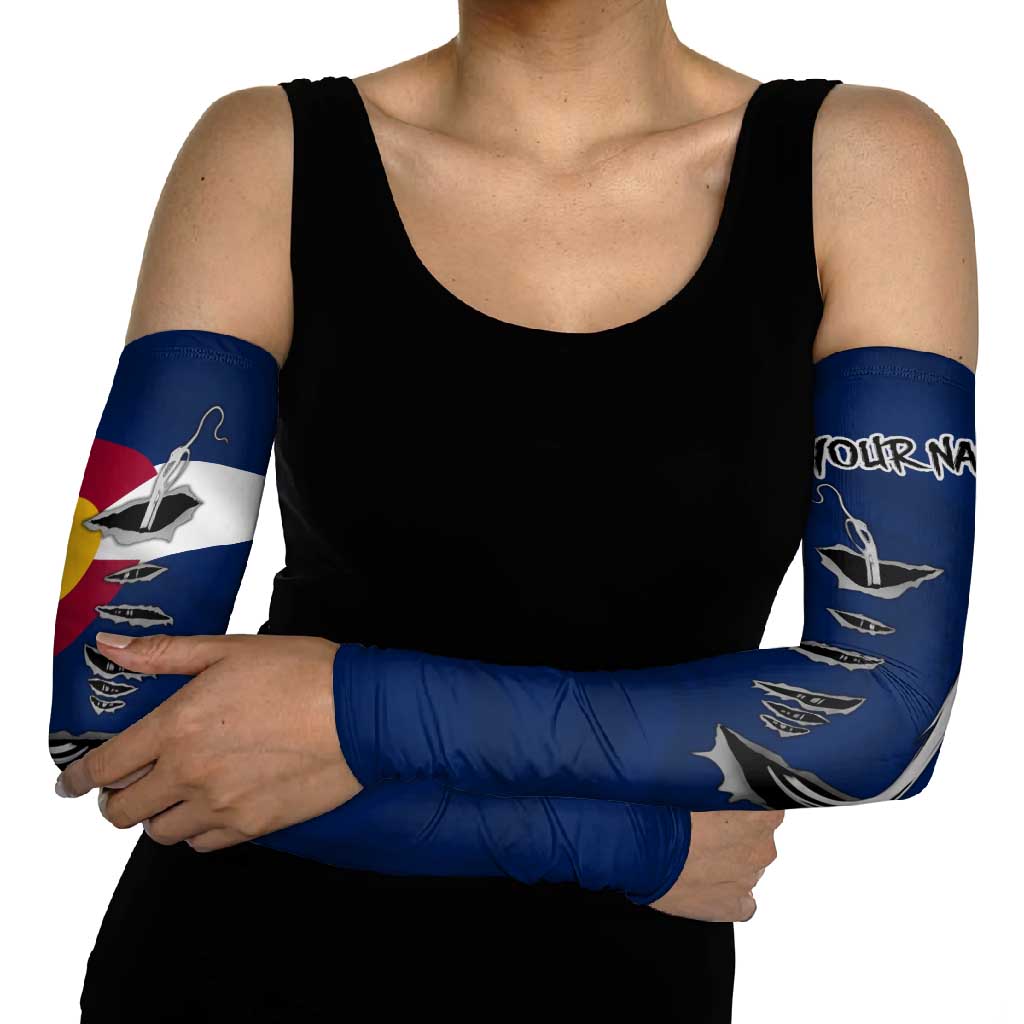 Custom Fishing Hook Arm Sleeves with Colorado Flag Theme and Blue White Graphic Pattern - Wonder Print Shop