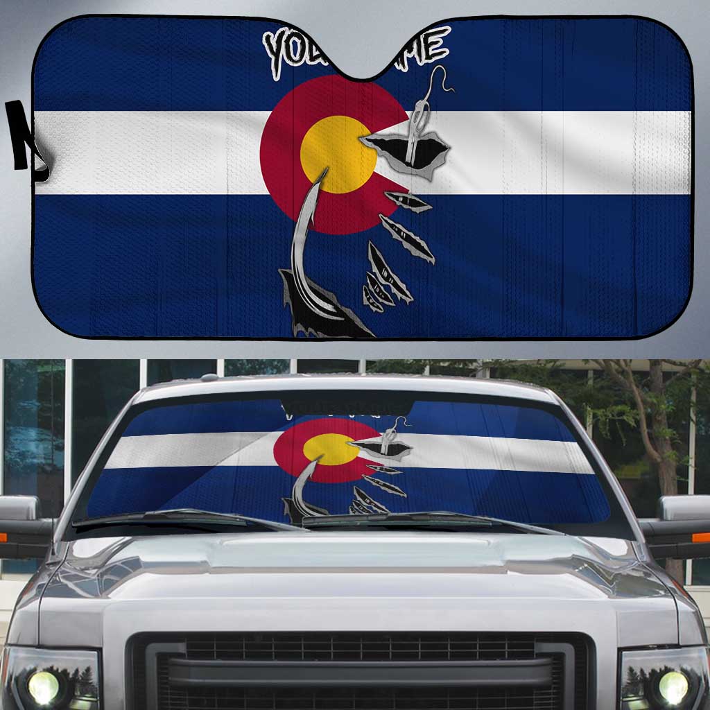 Custom Fishing Hook Auto Sun Shade with Colorado Flag Theme and Blue White Graphic Pattern - Wonder Print Shop