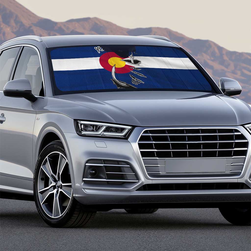 Custom Fishing Hook Auto Sun Shade with Colorado Flag Theme and Blue White Graphic Pattern - Wonder Print Shop