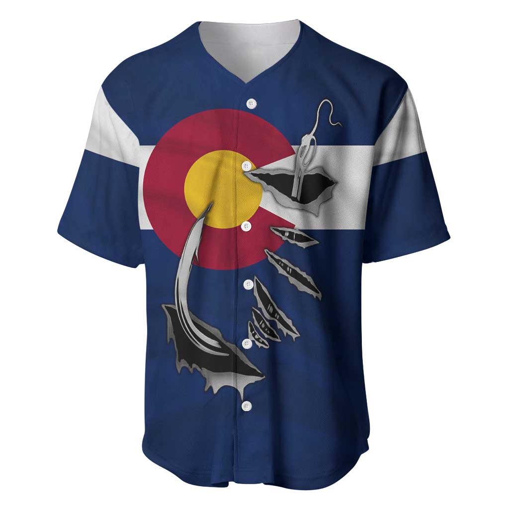 Custom Fishing Hook Baseball Jersey with Colorado Flag Theme and Blue White Graphic Pattern - Wonder Print Shop