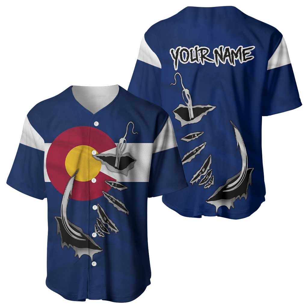 Custom Fishing Hook Baseball Jersey with Colorado Flag Theme and Blue White Graphic Pattern - Wonder Print Shop