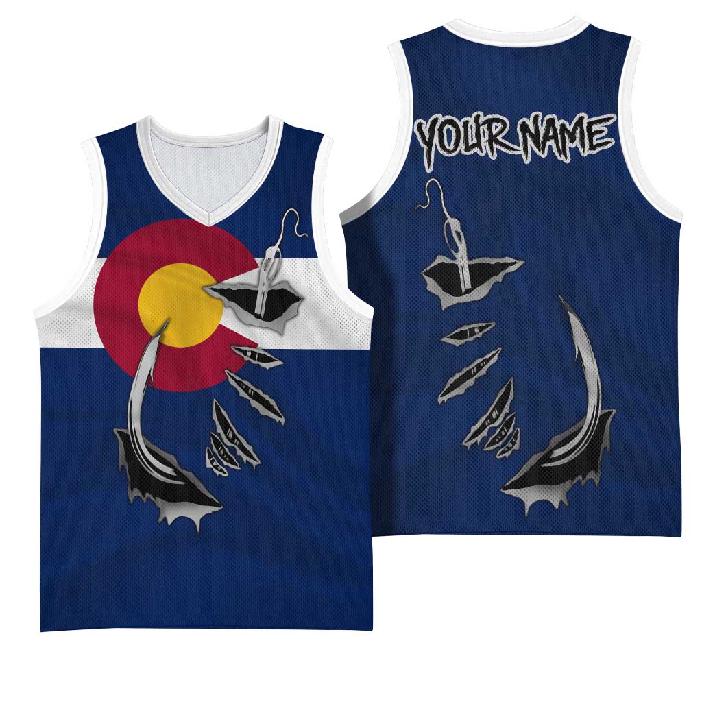 Custom Fishing Hook Basketball Jersey with Colorado Flag Theme and Blue White Graphic Pattern - Wonder Print Shop