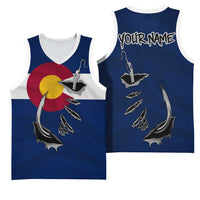Custom Fishing Hook Basketball Jersey with Colorado Flag Theme and Blue White Graphic Pattern - Wonder Print Shop