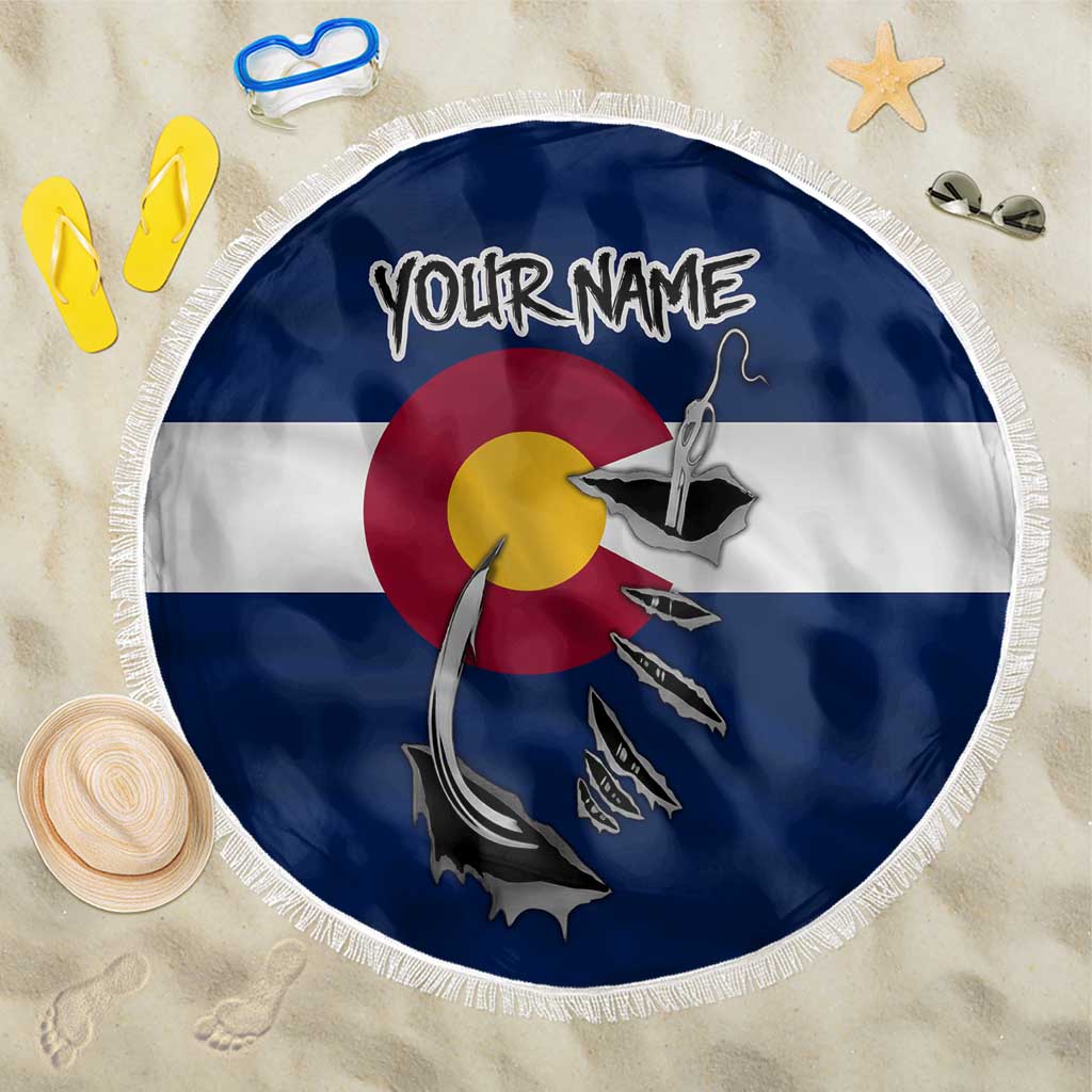 Custom Fishing Hook Beach Blanket with Colorado Flag Theme and Blue White Graphic Pattern - Wonder Print Shop