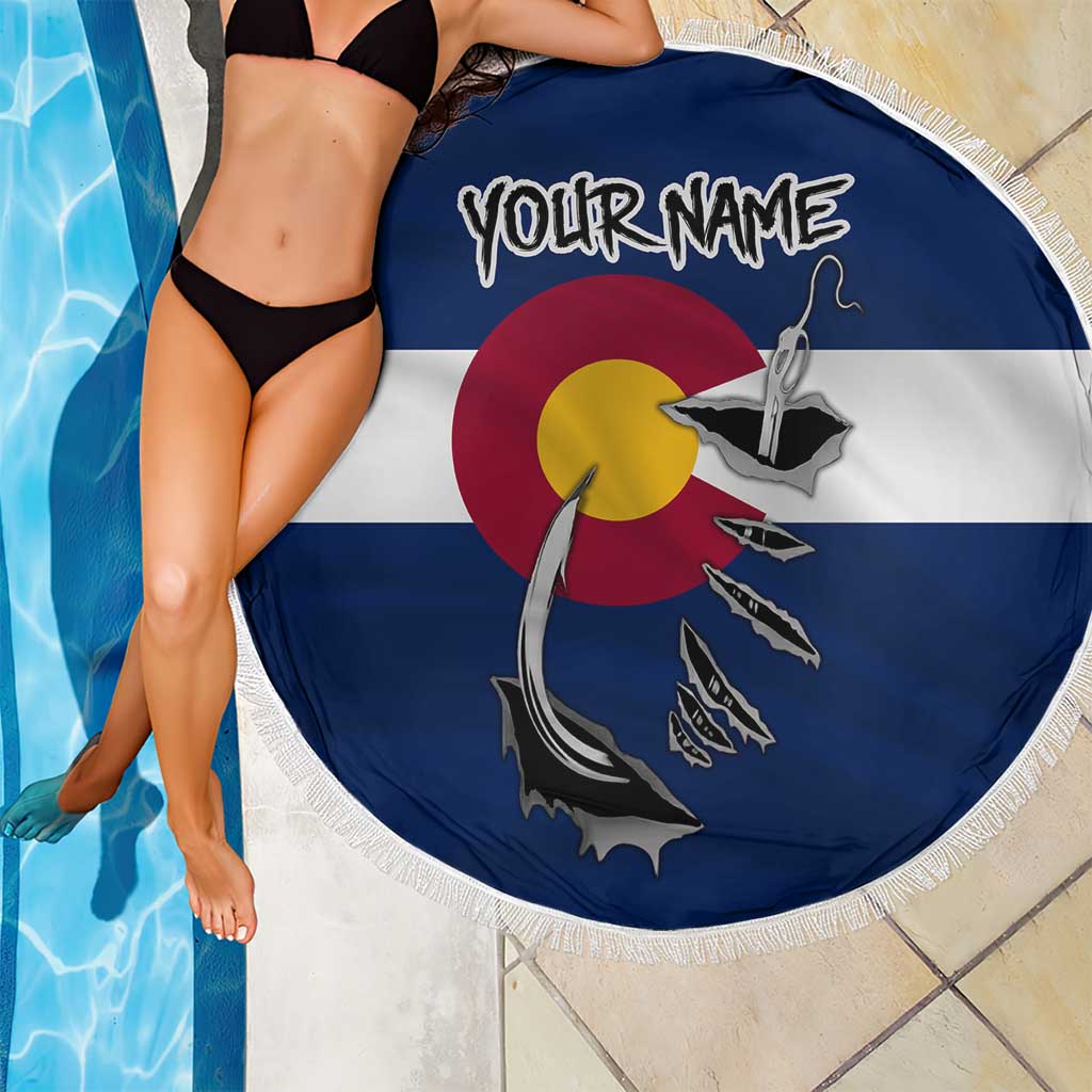 Custom Fishing Hook Beach Blanket with Colorado Flag Theme and Blue White Graphic Pattern - Wonder Print Shop