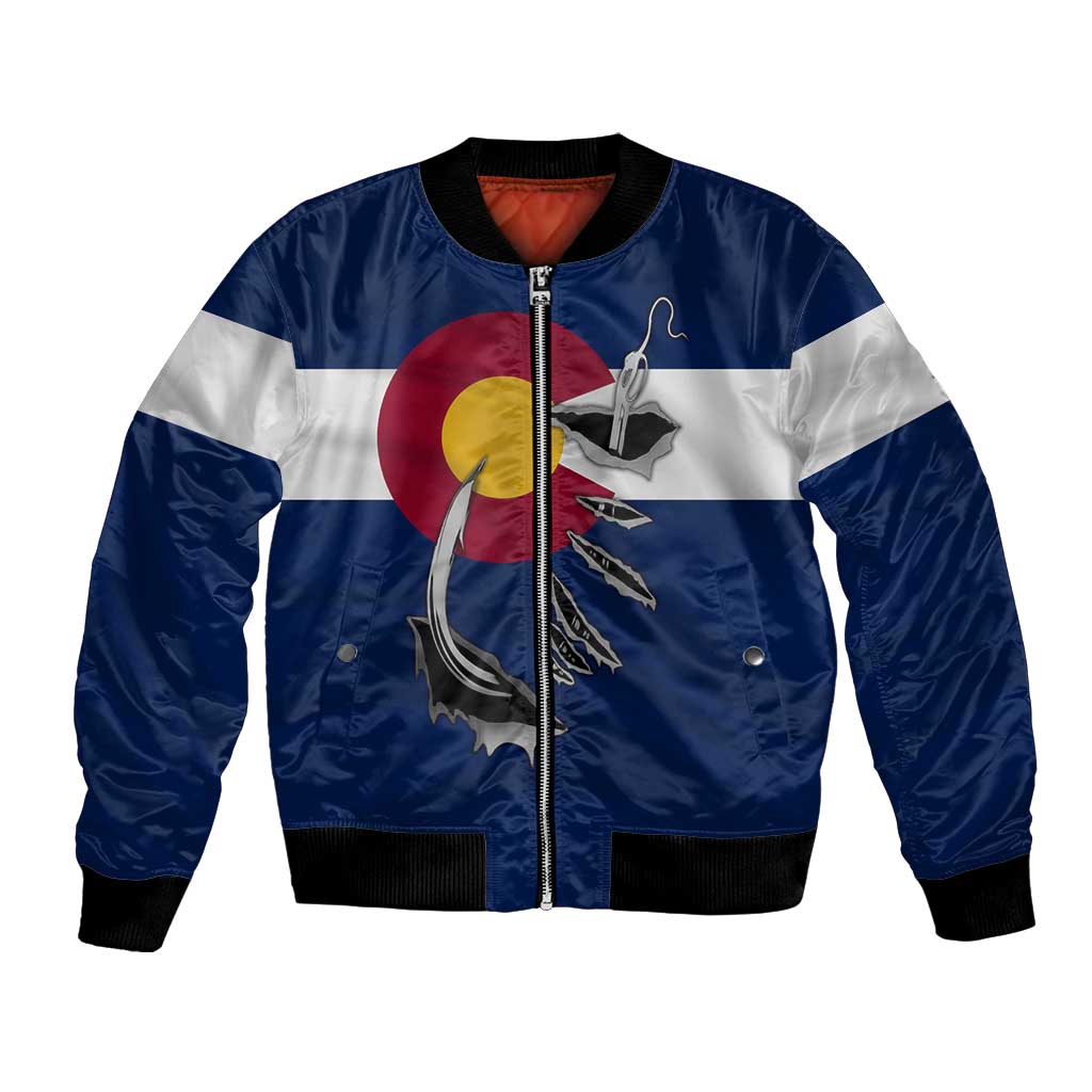 Custom Fishing Hook Bomber Jacket with Colorado Flag Theme and Blue White Graphic Pattern - Wonder Print Shop