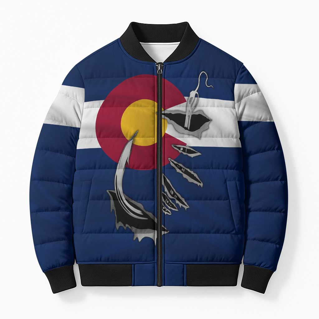 Custom Fishing Hook Bomber Puffer Jacket with Colorado Flag Theme and Blue White Graphic Pattern - Wonder Print Shop