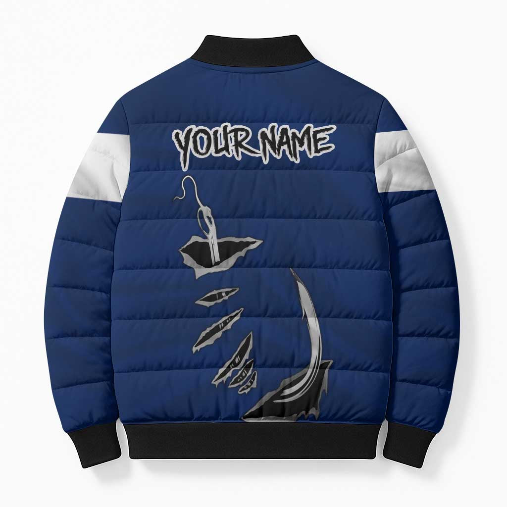 Custom Fishing Hook Bomber Puffer Jacket with Colorado Flag Theme and Blue White Graphic Pattern - Wonder Print Shop
