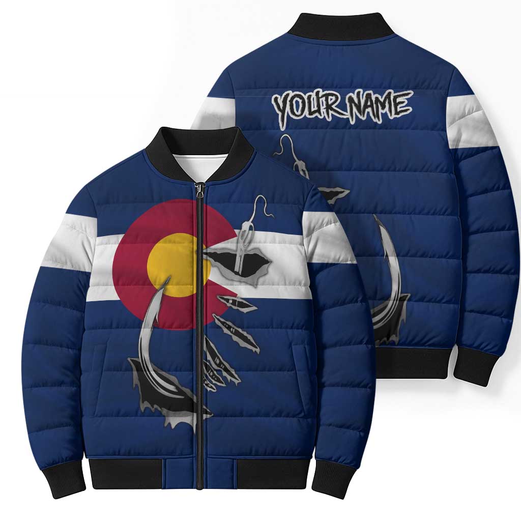Custom Fishing Hook Bomber Puffer Jacket with Colorado Flag Theme and Blue White Graphic Pattern - Wonder Print Shop