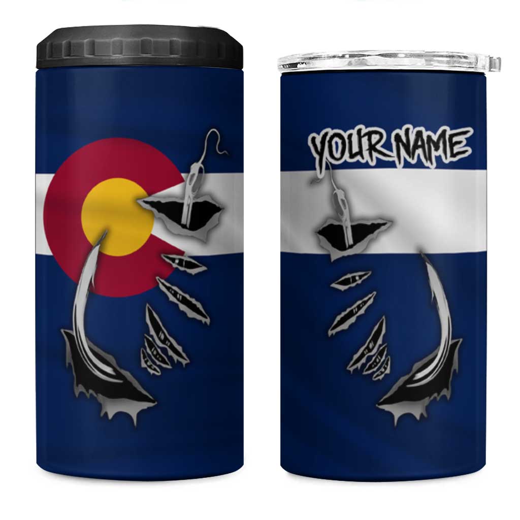 Custom Fishing Hook 4 in 1 Can Cooler Tumbler with Colorado Flag Theme and Blue White Graphic Pattern - Wonder Print Shop