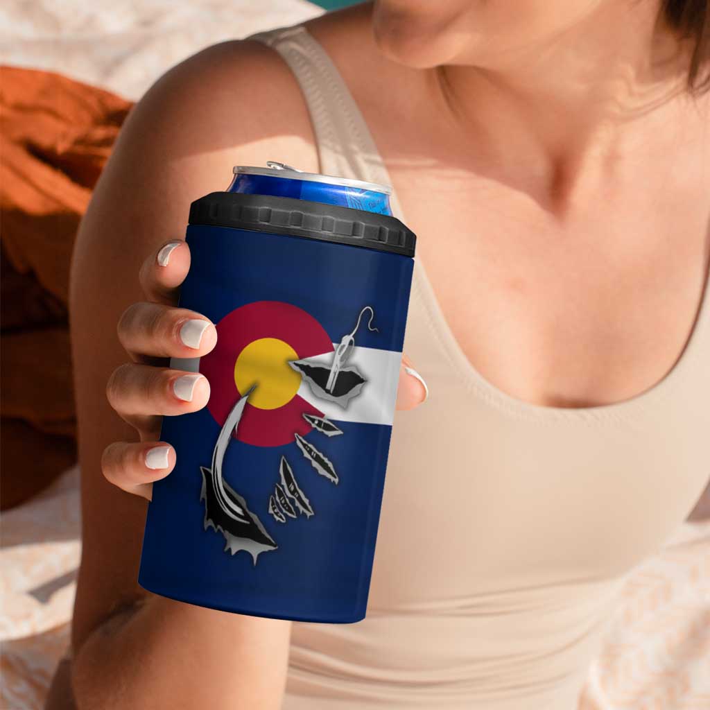 Custom Fishing Hook 4 in 1 Can Cooler Tumbler with Colorado Flag Theme and Blue White Graphic Pattern - Wonder Print Shop