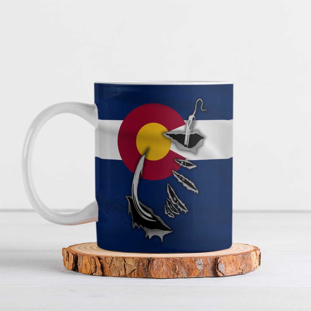 Custom Fishing Hook Ceramic Mug with Colorado Flag Theme and Blue White Graphic Pattern - Wonder Print Shop