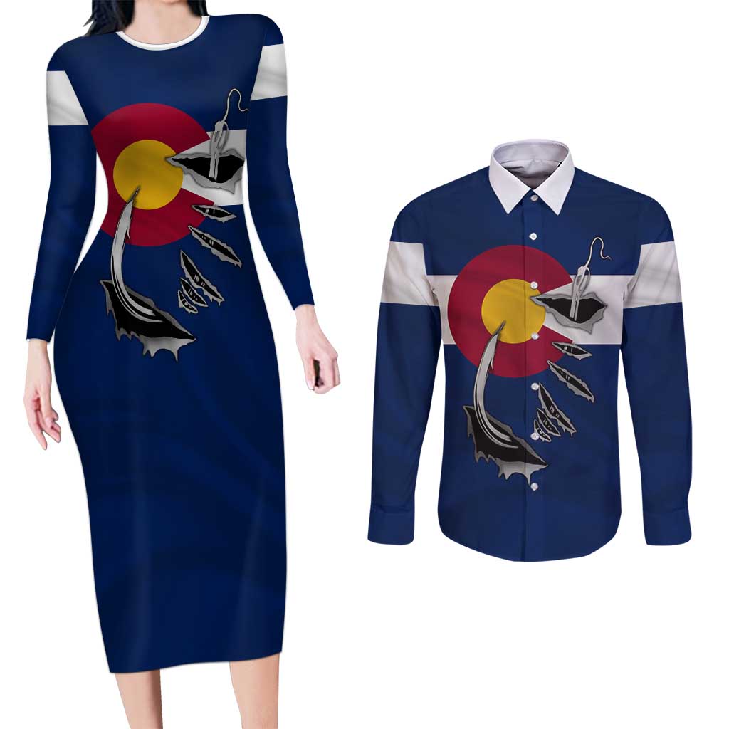 Custom Fishing Hook Couples Matching Long Sleeve Bodycon Dress and Long Sleeve Button Shirt with Colorado Flag Theme and Blue White Graphic Pattern - Wonder Print Shop