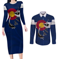 Custom Fishing Hook Couples Matching Long Sleeve Bodycon Dress and Long Sleeve Button Shirt with Colorado Flag Theme and Blue White Graphic Pattern - Wonder Print Shop