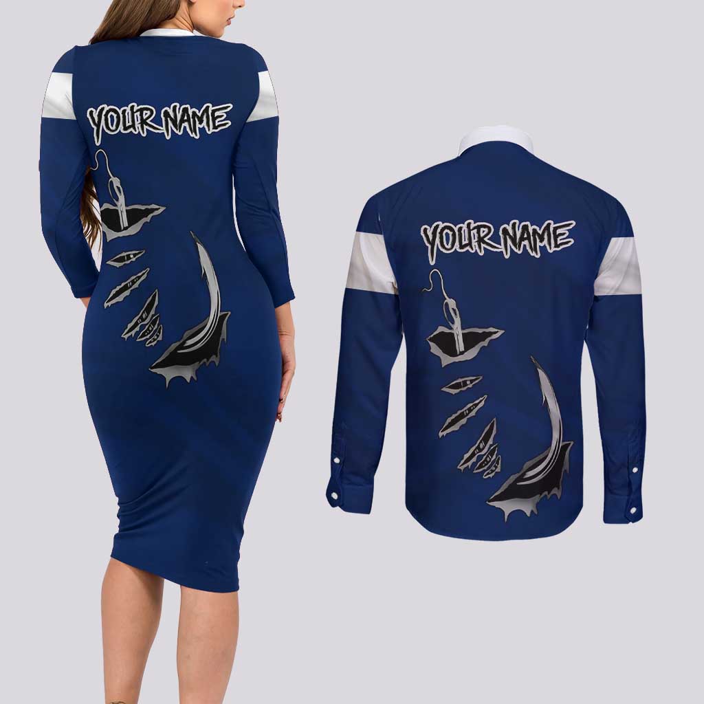 Custom Fishing Hook Couples Matching Long Sleeve Bodycon Dress and Long Sleeve Button Shirt with Colorado Flag Theme and Blue White Graphic Pattern - Wonder Print Shop