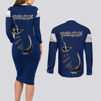 Custom Fishing Hook Couples Matching Long Sleeve Bodycon Dress and Long Sleeve Button Shirt with Colorado Flag Theme and Blue White Graphic Pattern - Wonder Print Shop